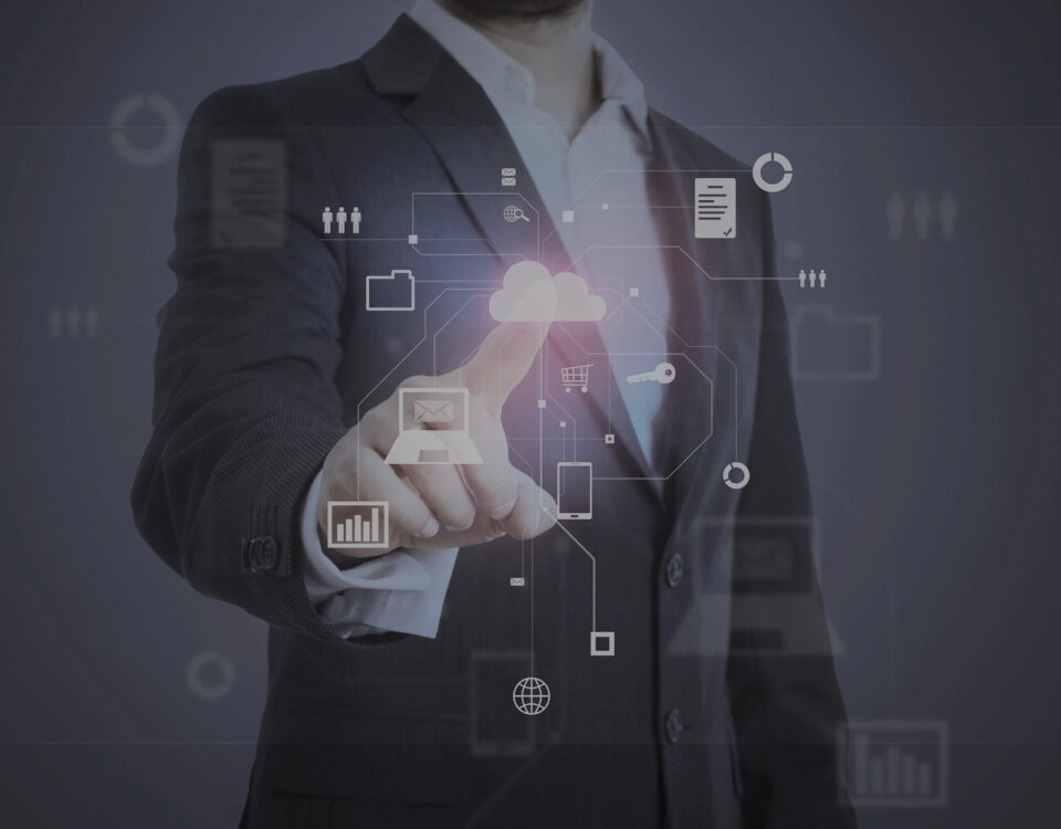 man in suit touching cloud icon technology data