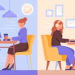 illustration woman working in office vs working at home orange violet