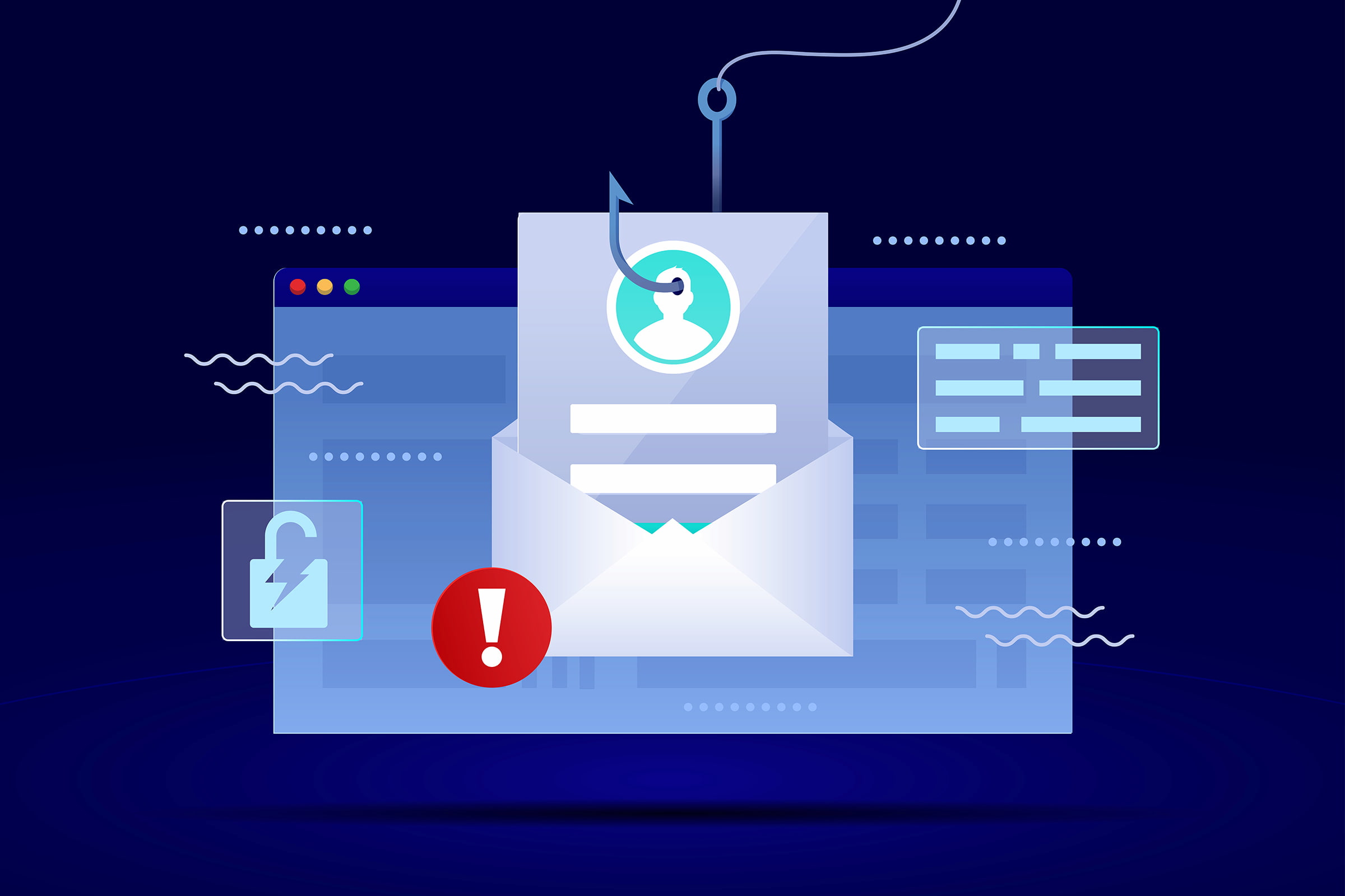 blue illustration phishing email scam hacking data security