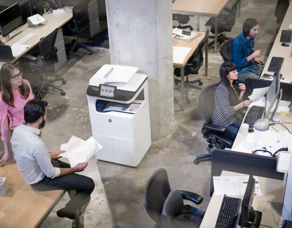 isometric office hp printer copier desks employees cement floor stone pillar