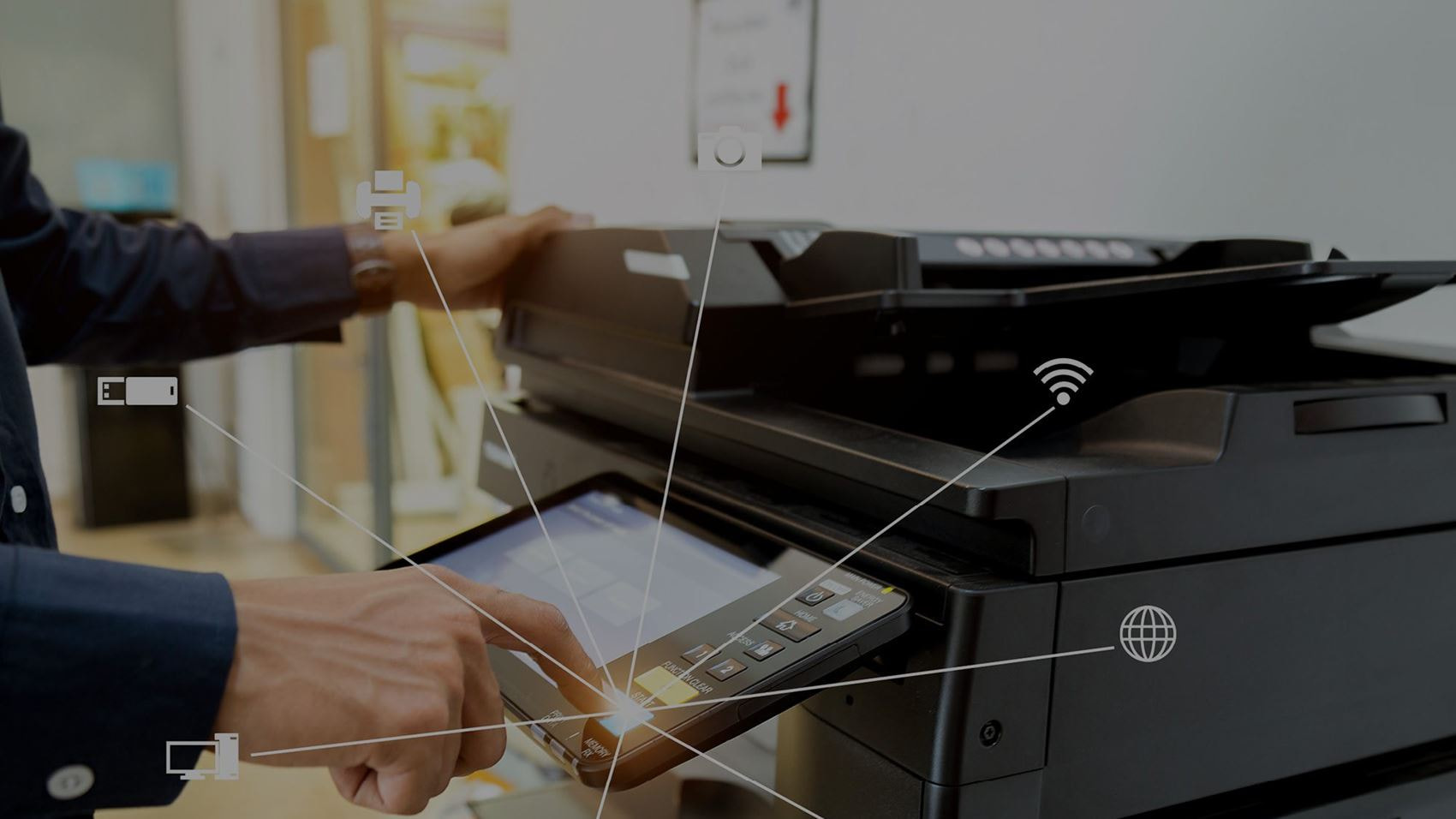man using office photocopier scanner icon overlay