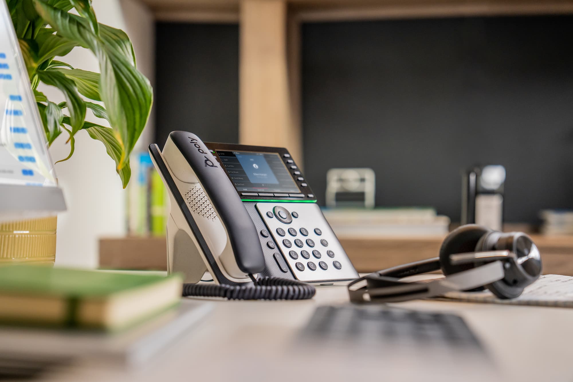 poly phone console system on desk