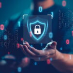 data security graphic man hand outstretched lock shield icon