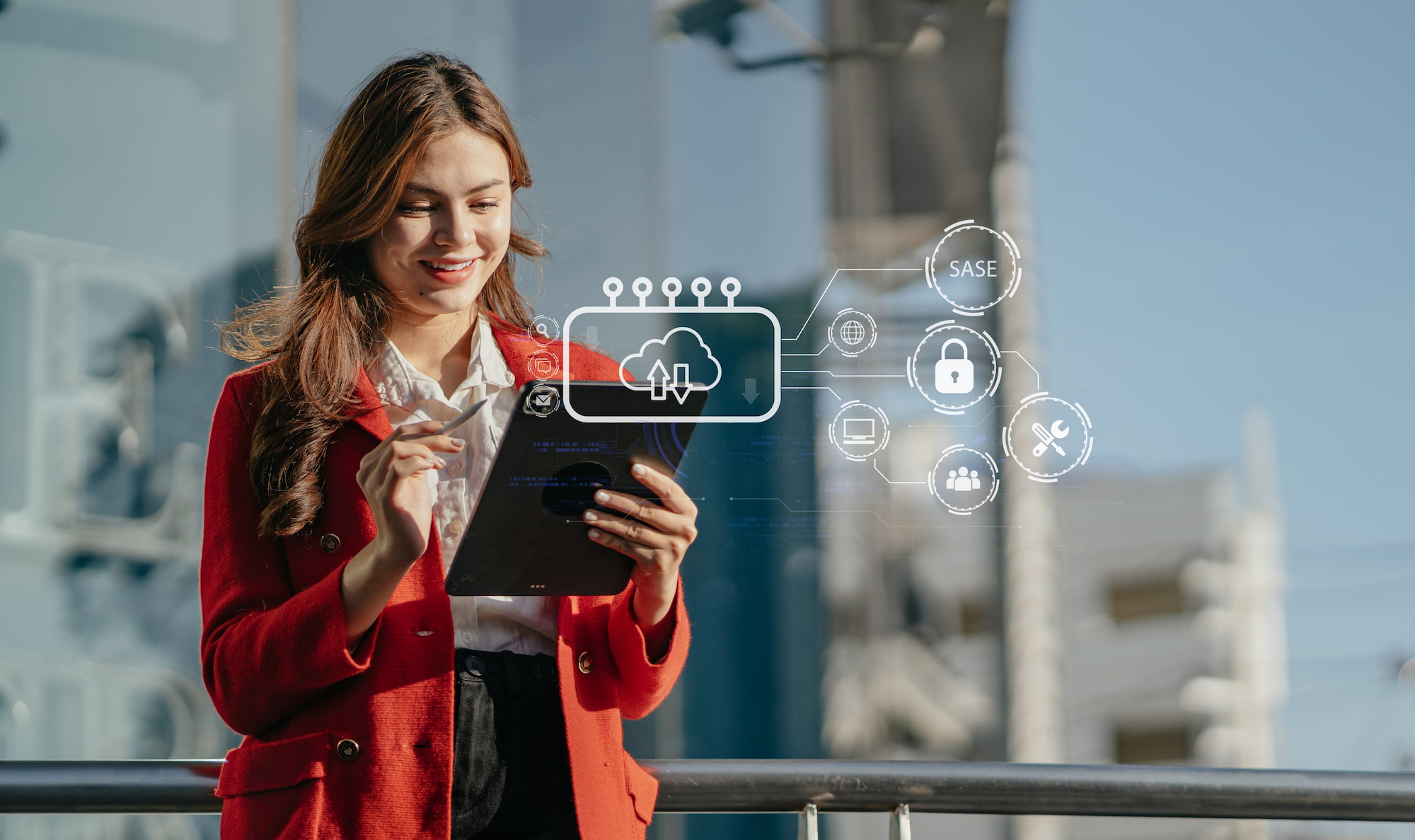 woman in red coat accessing cloud services with mobile device