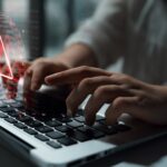 cyber security laptop with red warning error work at home hybrid working